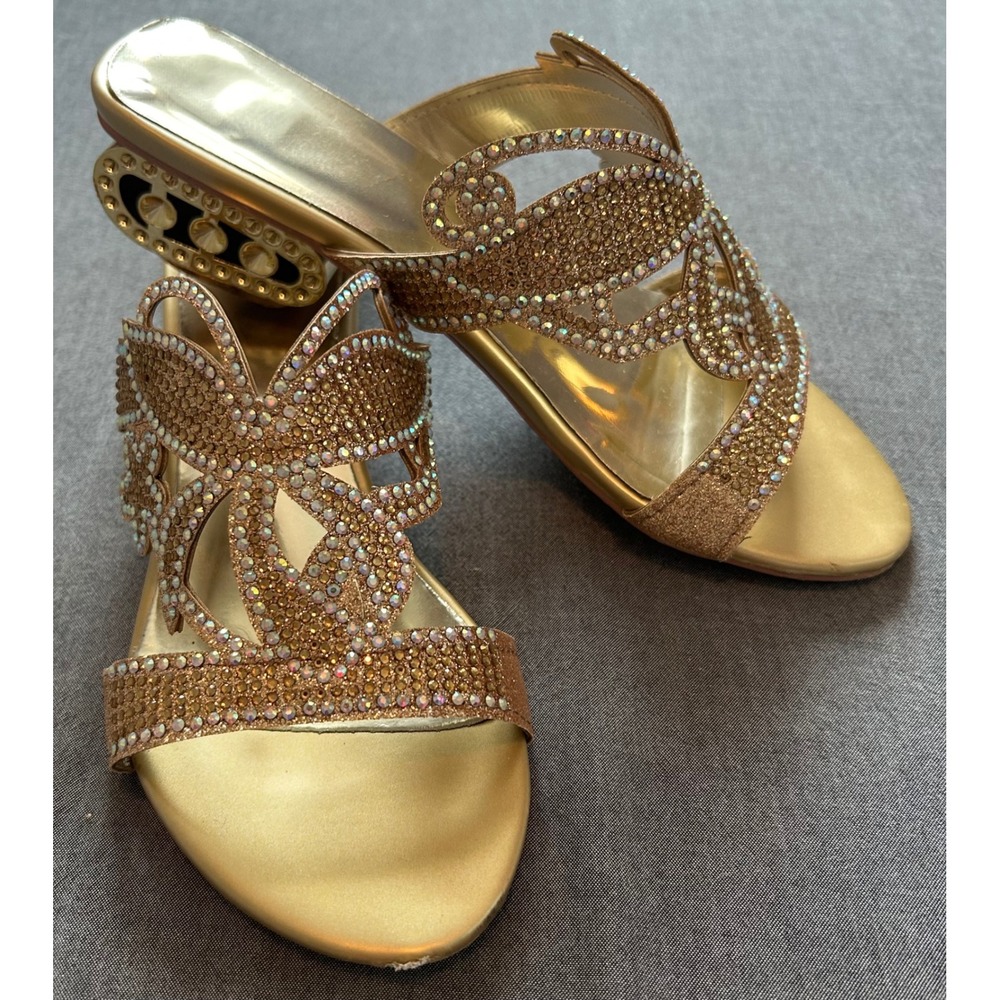 Gold Rhinestone Butterfly Slide Sandals Architectural Crystal Block Heel